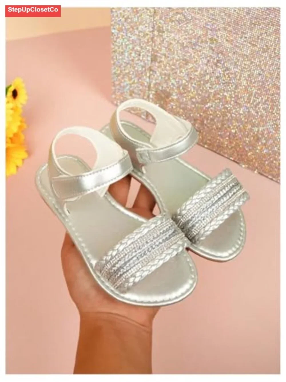 Girls Braided Flat Sandals Sparkly Open Toe Ankle Strap Summer Dress Shoes